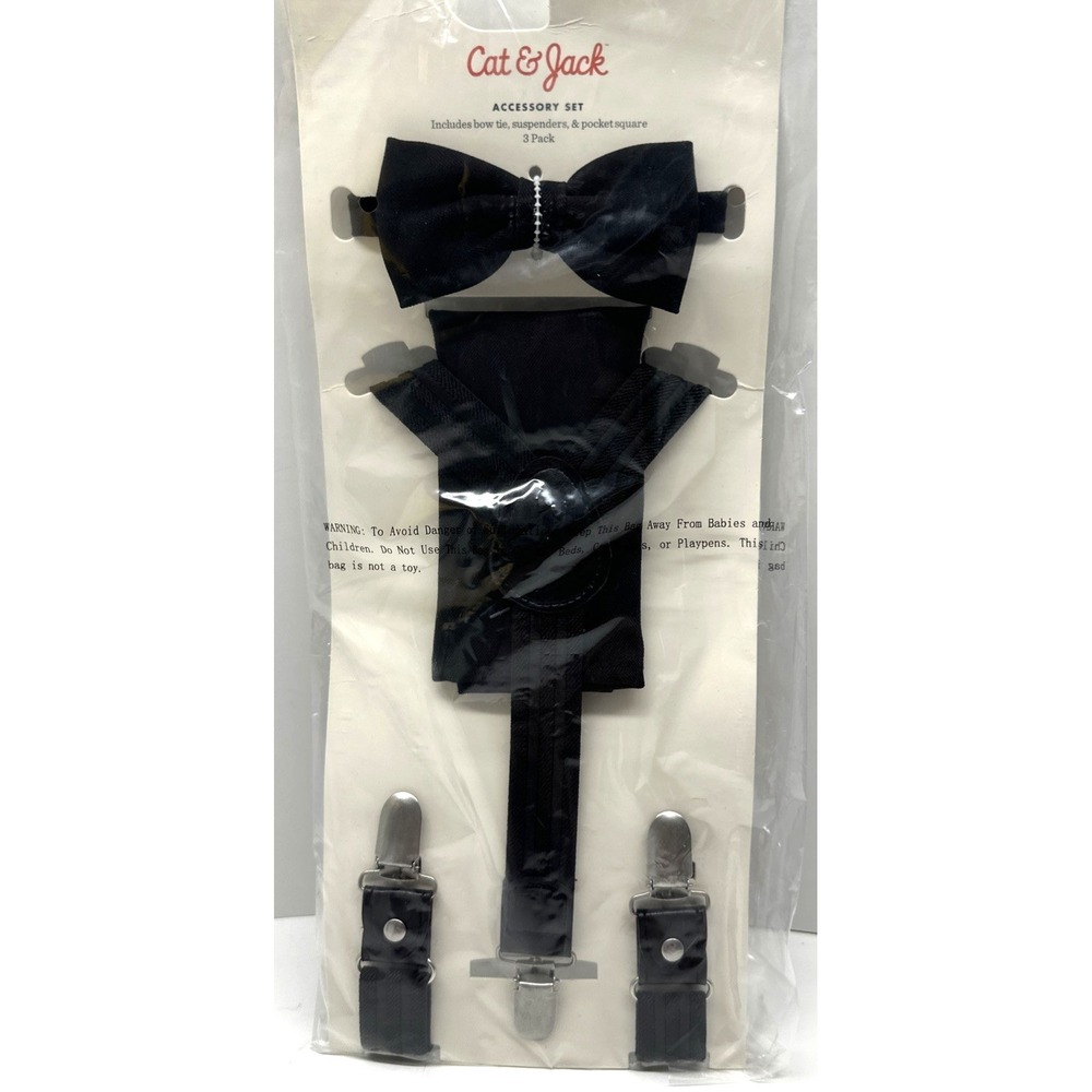 Cat & Jack Boys Bow Tie Suspender Handkerchief Black Adjustable Elastic 3pk  Set